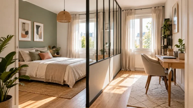 Chambre divisée en deux espaces lumineux avec une verrière intérieure et une seule fenêtre