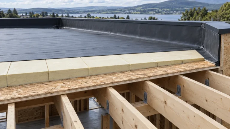 Structure bois de toit-terrasse avec membrane et relevés d’étanchéité