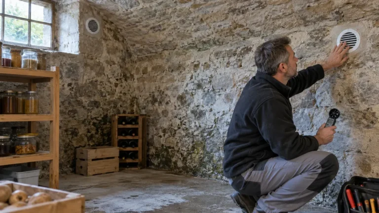 Technicien contrôlant le débit d’air entre deux grilles dans une cave en pierre