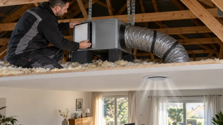 Technicien installant une unité de ventilation filtrée dans des combles