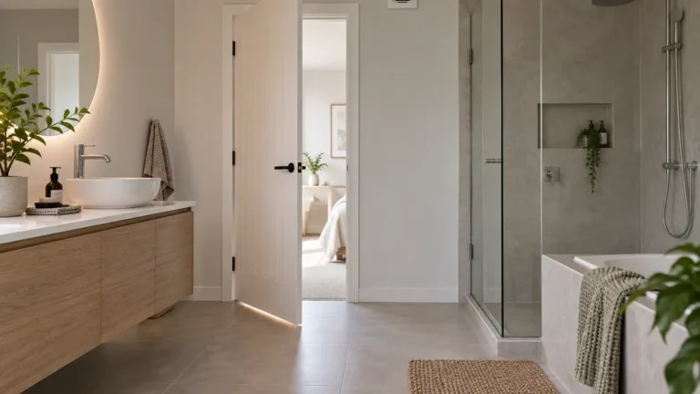 Salle de bain claire avec bouche d’extraction et passage d’air sous la porte