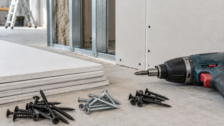 Vis à placo noires et vis de fixation disposées près de plaques et montants métalliques