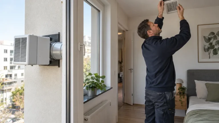 Unité de ventilation mécanique répartie installée sur un mur extérieur