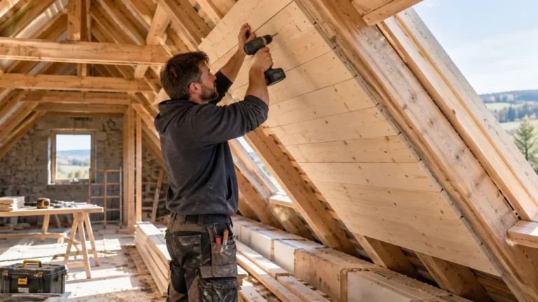 Charpentier fixant des voliges en bois sur une toiture